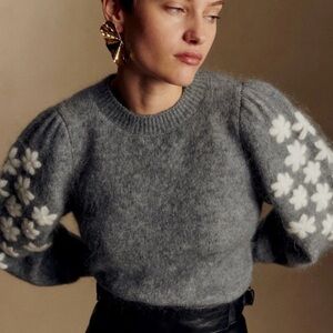 SEZANE LUKE JUMPER Gray Floral Puff Sleeve mohair/wool Sweater